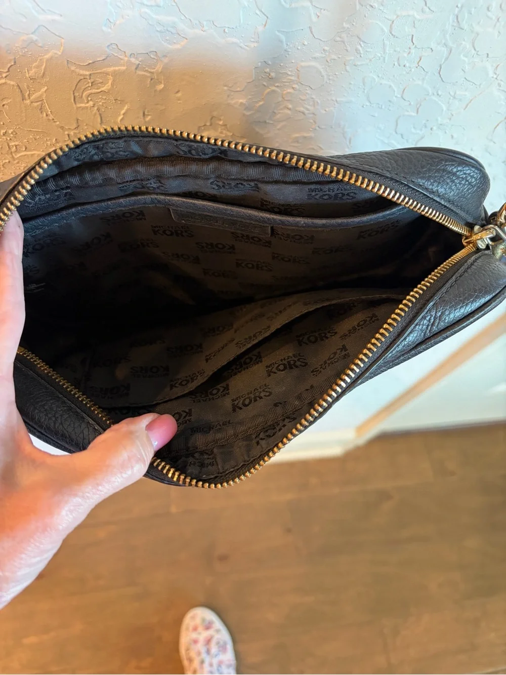 Michael Kors Black Pebbled Leather Crossbody Bag with Gold Logo